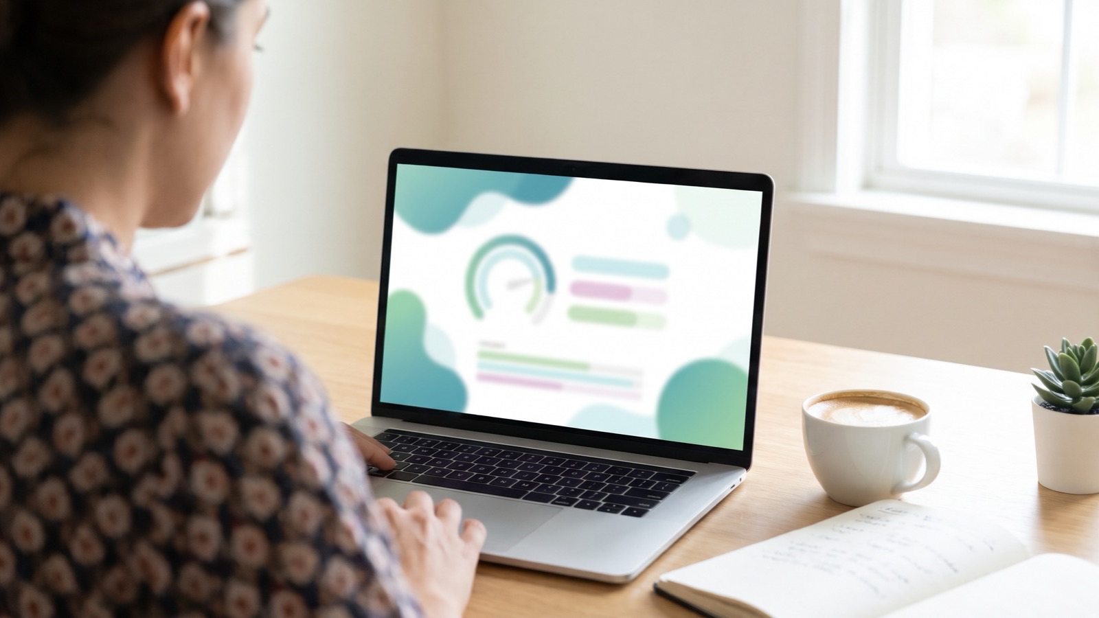 Business owner at a laptop reviewing a scored report with a gauge and progress bars