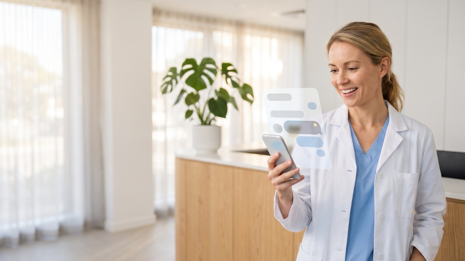 Clinician in a white coat smiling at an AI chat answer on her phone in a bright office