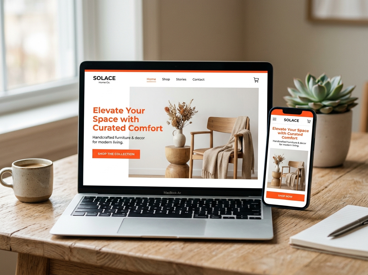 Small business website mockup on laptop and phone