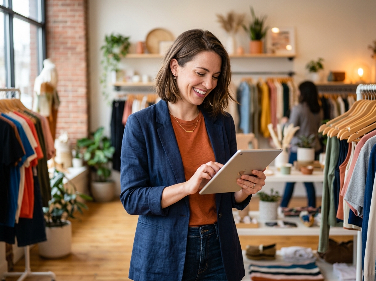Business owner reviewing marketing analytics on tablet